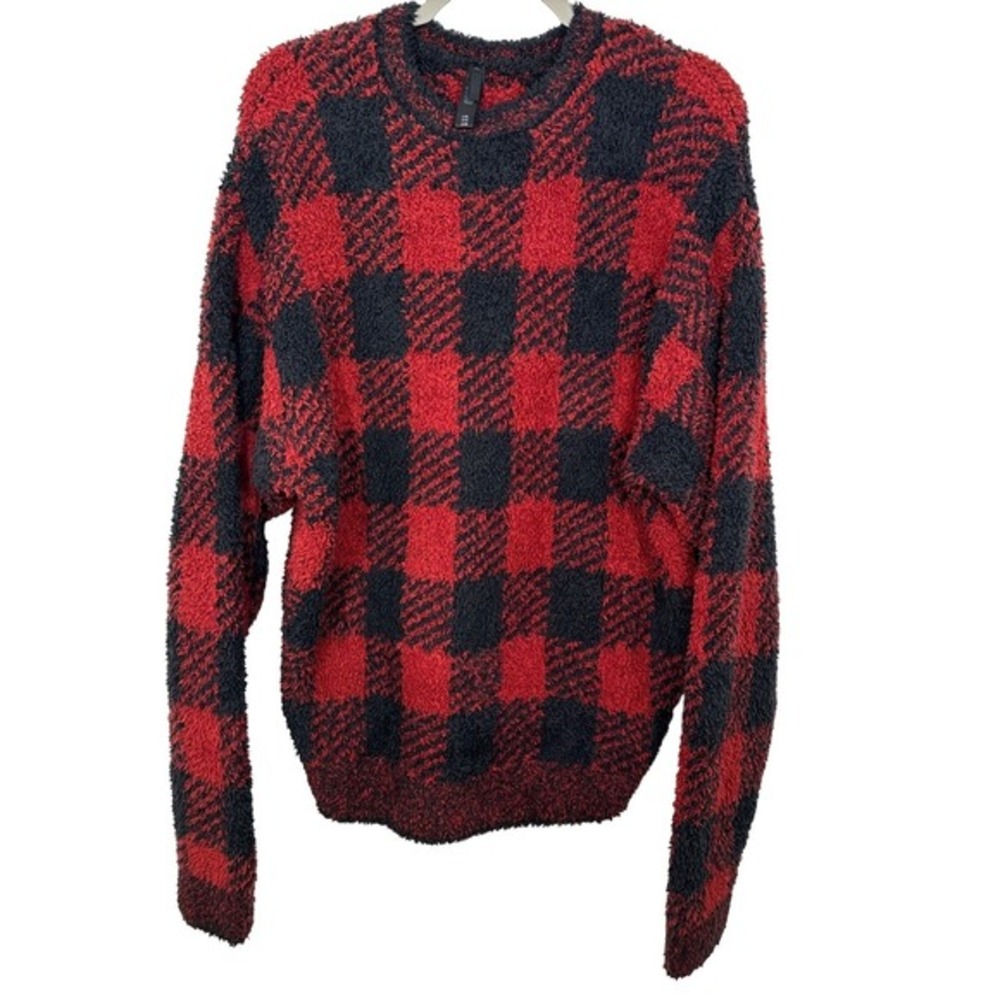 Skims Womens Cozy Plaid Fuzzy Sweater‎ L XL Red Black Buffalo Check Soft Knit